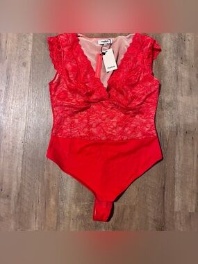 Popilush Red Lace V-Neck Bodysuit